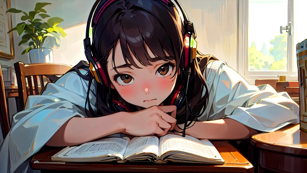 (Highest quality, masterpiece, Ultra-realistic), Beautiful and delicate15Year-old girl portrait, With a calm expression, The background scene shows him studying hard at his desk in his room at home.。Wearing headphones。