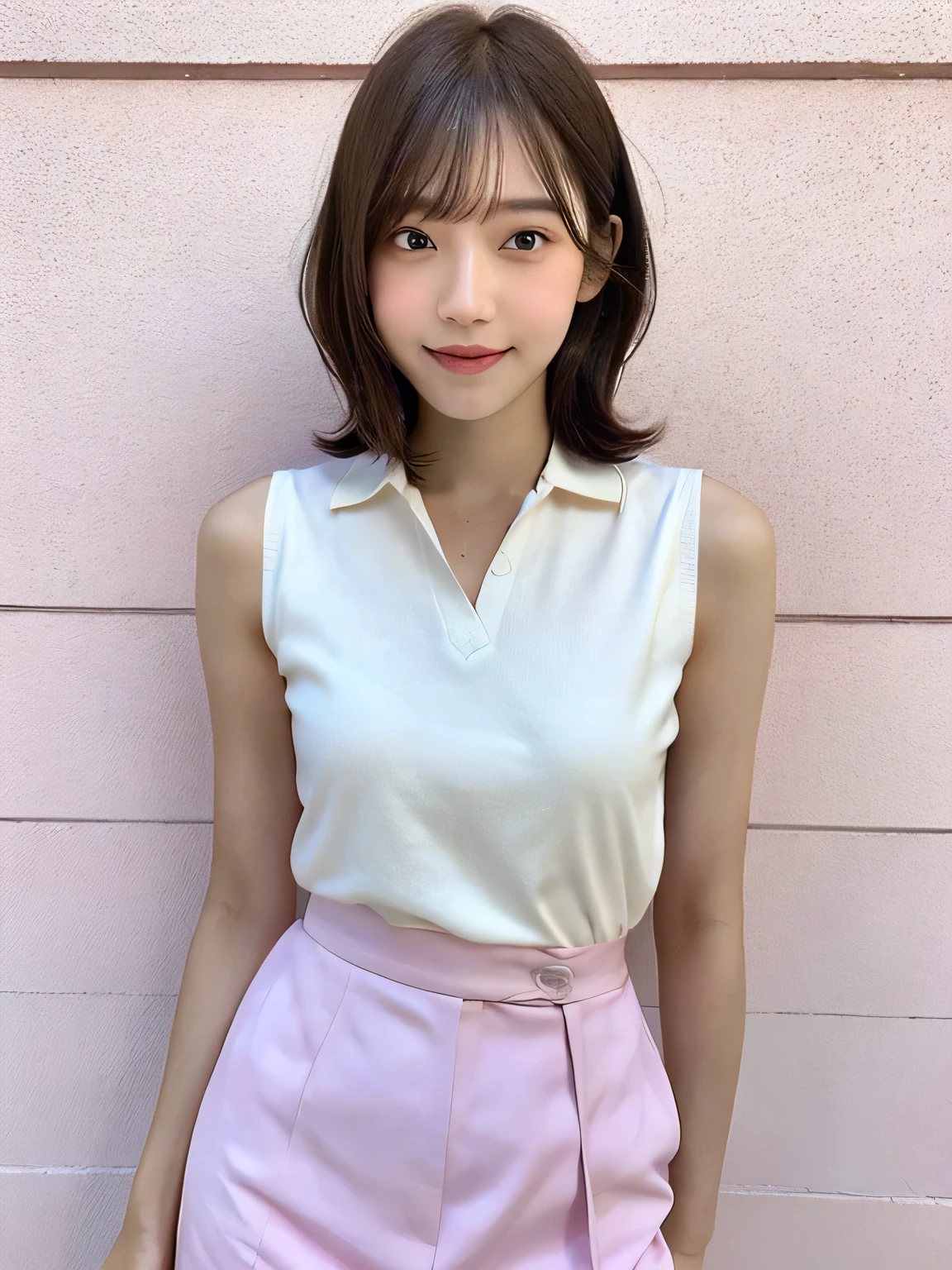 One person、、Full body photo、slender、woman、White drool coming out of the mouth、smile、Short Bob Cut、 Fair skin, messy hair, super cute、Soft and Face、8K resolution、Surreal、Ultra high definition、 A-cup small breasts((Highest resolution、8K、masterpiece:1.3))、Ultra-fine face、Ultra Fine Lips、Beautiful Eyes、double eyelid,Pink wall、Sleeveless pink polo shirt、White Skirt、Thighs、thin,Thighsが見える、Shapely small breasts、
