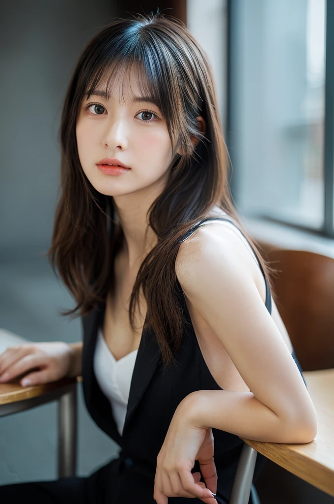 (RAW Photos, Highest quality), (Realistic, Photorealistic:1.3), Tabletop, Very delicate and beautiful, Soft Light, (Black Hair,Long Hair, Layered Cut), Beautiful detailed girl, (Accurate Fingers, Eye and facial details, Beautifully detailed nose, Beautiful attention to detail, 1 Girl, Japanese, Pure beauty, cute, young, Wearing a suit，Sit on a chair (Half Body:1.3), (Medium chest), Realistic face, Realistic body, （office）