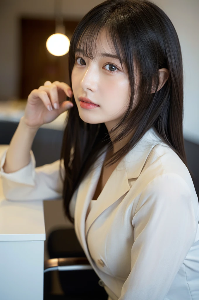 (RAW Photos, Highest quality), (Realistic, Photorealistic:1.3), Tabletop, Very delicate and beautiful, Soft Light, (Black Hair,Long Hair, Layered Cut), Beautiful detailed girl, (Accurate Fingers, Eye and facial details, Beautifully detailed nose, Beautiful attention to detail, 1 Girl, Japanese, Pure beauty, cute, young, Wearing a suit，Sit on a chair (Half Body:1.3), (Medium chest), Realistic face, Realistic body, （office）