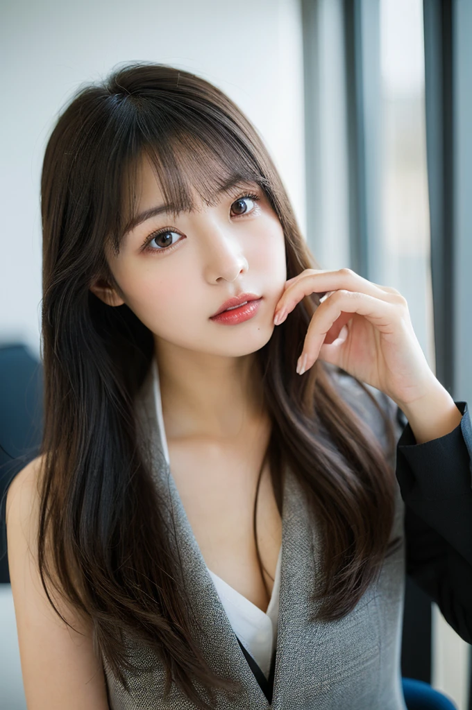 (RAW Photos, Highest quality), (Realistic, Photorealistic:1.3), Tabletop, Very delicate and beautiful, Soft Light, (Black Hair,Long Hair, Layered Cut), Beautiful detailed girl, (Accurate Fingers, Eye and facial details, Beautifully detailed nose, Beautiful attention to detail, 1 Girl, Japanese, Pure beauty, cute, young, Wearing a suit，Sit on a chair (Half Body:1.3), (Medium chest), Realistic face, Realistic body, （office）