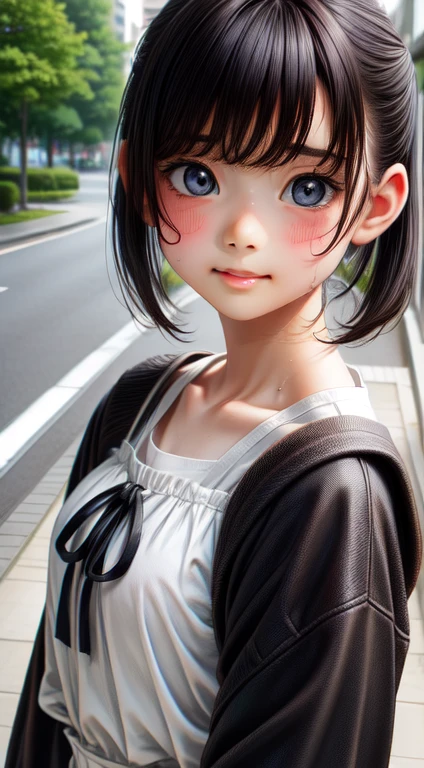 High resolution, Highest quality,  super high quality, Very detailed, 8K、Embarrassing、Sweaty、Sweat、Embarrassing、(masterpiece:1.2, Highest quality), (Realistic, photoRealistic:1.4), Beautiful illustrations, (Natural Side Lighting, Cinema Lighting), View your viewers, whole body, 1 Girl, Japanese, high school girl, Perfect Face, Cute and symmetrical face, Shiny skin, Baby Face, (short hair, Low twin tails,Black Hair), Hair between the eyes, black eye, Big eyes, Droopy eyes, (Center of chest, Captivating thighs, Big Ass)