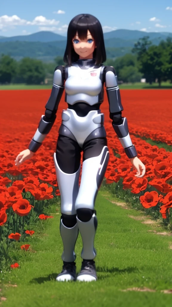 HRP-4c robot girl walks through a field of poppies, She has blue eyes, very long and black and blonde hair, blush and a smile on her face, Full body view, anime style.  