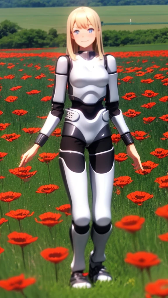 HRP-4c robot girl walks through a field of poppies, She has blue eyes, very long and black and blonde hair, blush and a smile on her face, Full body view, anime style.