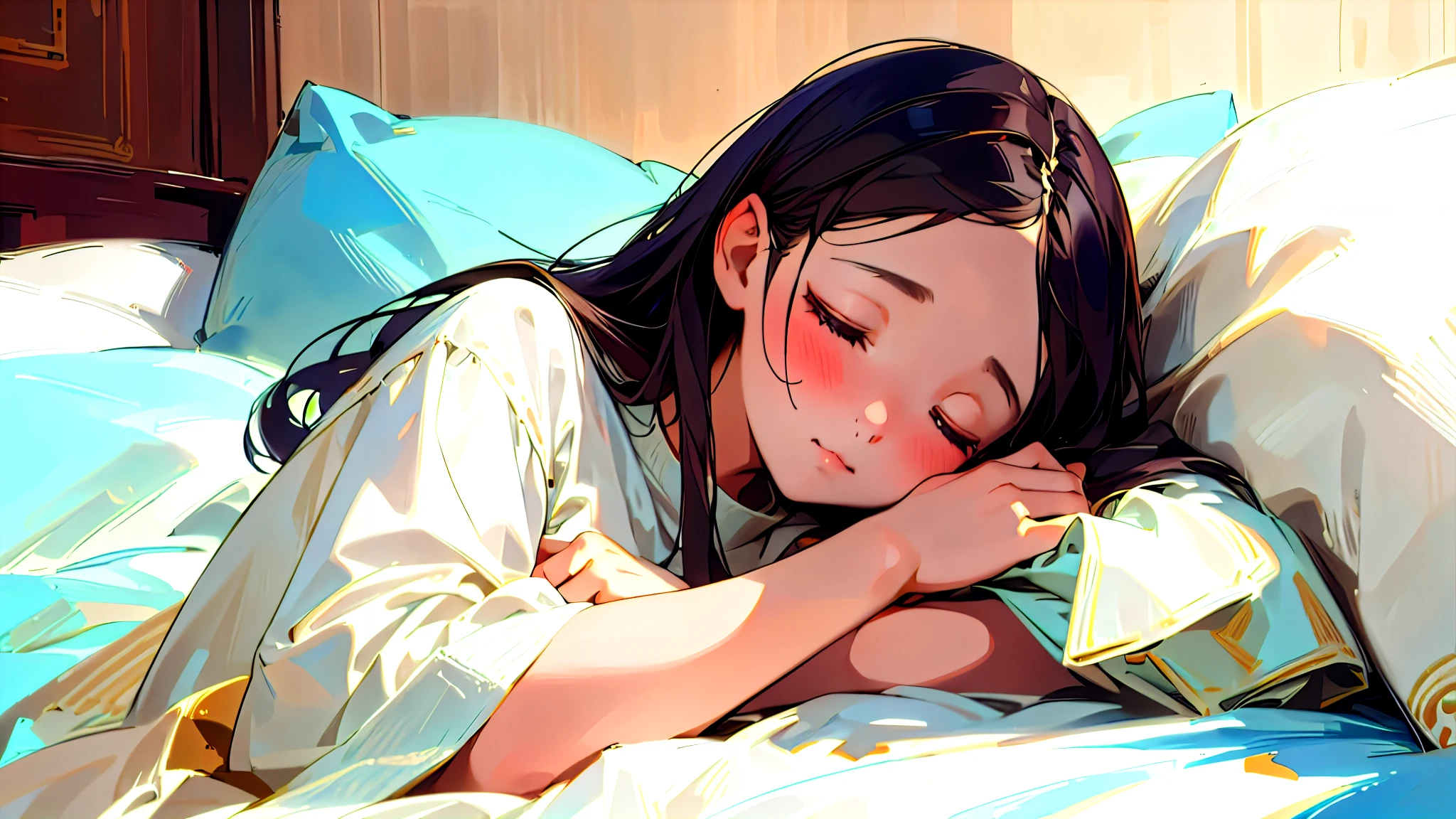 (Highest quality, masterpiece, Ultra-realistic), Beautiful and delicate15Year-old girl portrait,, The background is the bedroom at home.。Sleeping with a calm expression。
