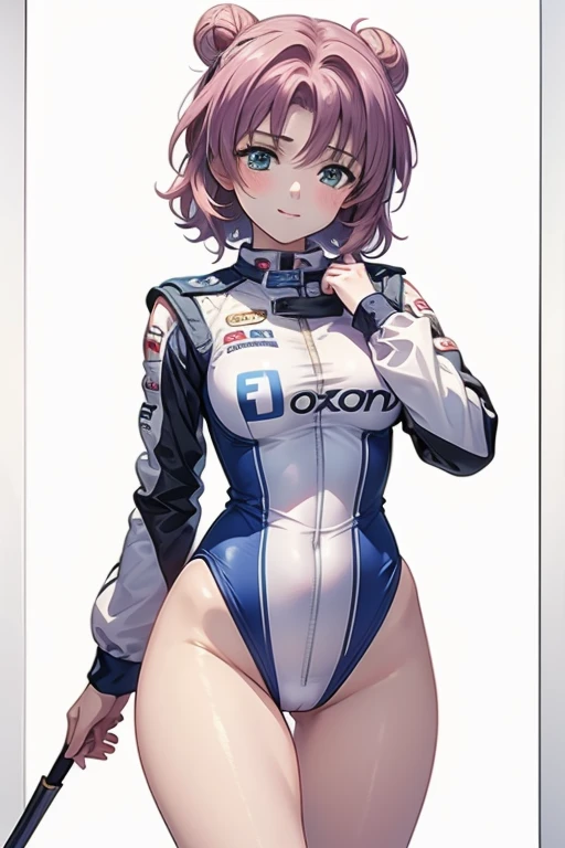 ((Tabletop, Highest quality, High resolution, Hmph, Pixel Perfect, Written boundary depth, 4K)), 1 female, 40 years old, (Mature Woman:1.3), alone, Beautiful Anime Women, Beautiful art style, close, Show Viewer, Perfect body, short hair, Single hair bun, Pink Hair, (Tall Woman), (Body like a model), (Upward-facing chest), Full face blush, smile, Thighs, Race Queen, White Background, Take the initiative, Raise the checkered flag, Cowboy Shot, concentrate, Randomly changing pose,