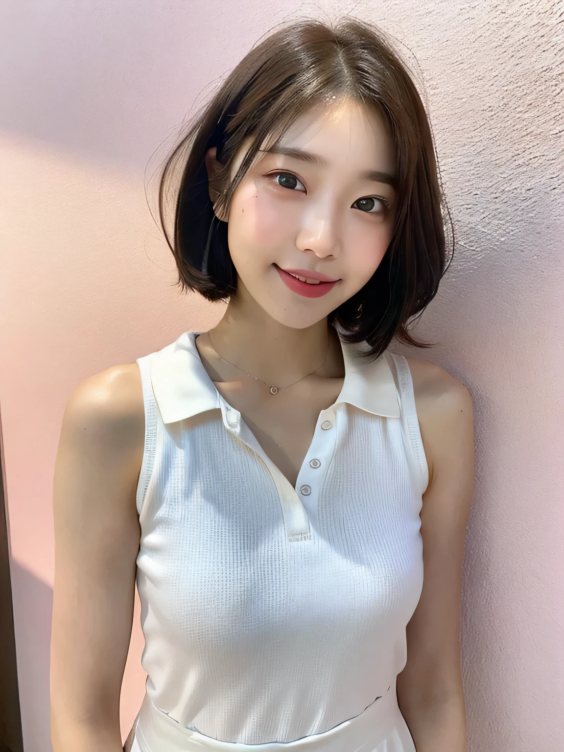 One person、、Full body photo、slender、woman、White drool coming out of the mouth、smile、Short Bob Cut、 Fair skin, messy hair, super cute、Soft and Face、8K resolution、Surreal、Ultra high definition、 A-cup small breasts((Highest resolution、8K、masterpiece:1.3))、Ultra-fine face、Ultra Fine Lips、Beautiful Eyes、double eyelid,Pink wall、Sleeveless pink polo shirt、White Skirt、Thighs、thin,Thighsが見える、Shapely small breasts、