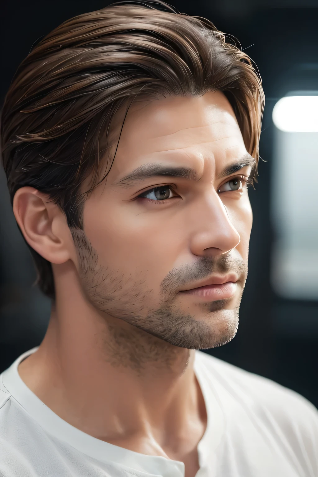 a middle-aged man looking to the right, handsome, beautiful detailed eyes, beautiful detailed lips, extremely detailed eyes and face, long eyelashes, muscular build, sharp jawline, confident expression, wearing a white shirt, (best quality,4k,8k,highres,masterpiece:1.2),ultra-detailed,(realistic,photorealistic,photo-realistic:1.37),portrait,cinematic lighting,warm color tones