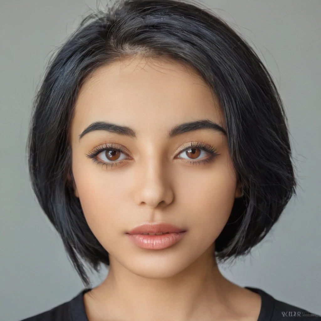 a face of arabian women, she have 26 years old, she have a light strabismus, she is face model worker, somes light wrinkled, is haircut is long black