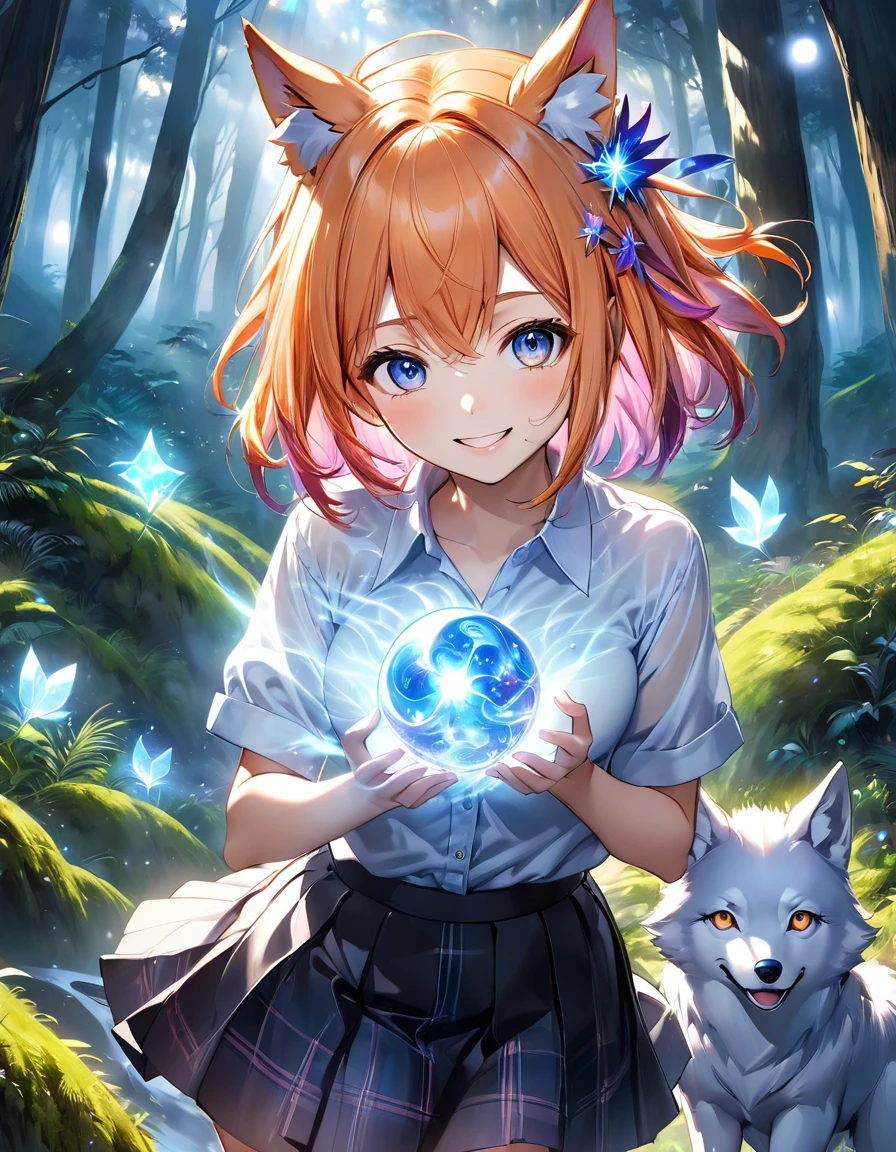 High angle view of an exuberant girl Sasuke com asas pink neon brilhantes, her espetado com gel cut orange hair adorned with shiny bangs and eyes sparkling with blue magic, smile revealing the joy of her soul, wearing a flannel shirt and skirt, her head crowned with playful wolf ears, standing amidst an enchantingly mystical forest, envision this scene as anime created in the style of a digital oil painting, lights gently seeping through the cinematic mist and splayed across this eth