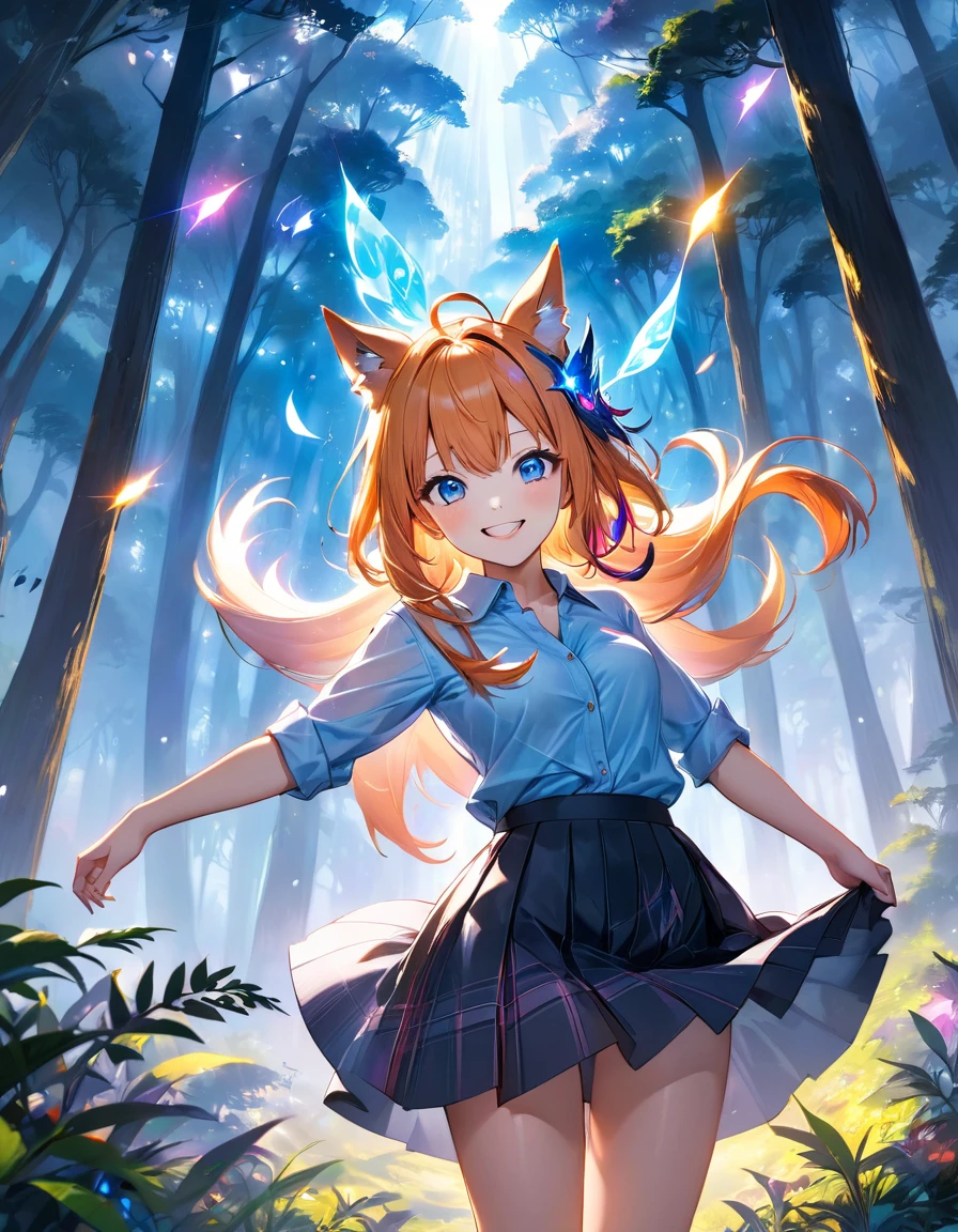 High angle view of an exuberant girl Sasuke com asas pink neon brilhantes, her espetado com gel cut orange hair adorned with shiny bangs and eyes sparkling with blue magic, smile revealing the joy of her soul, wearing a flannel shirt and skirt, her head crowned with playful wolf ears, standing amidst an enchantingly mystical forest, envision this scene as anime created in the style of a digital oil painting, lights gently seeping through the cinematic mist and splayed across this eth