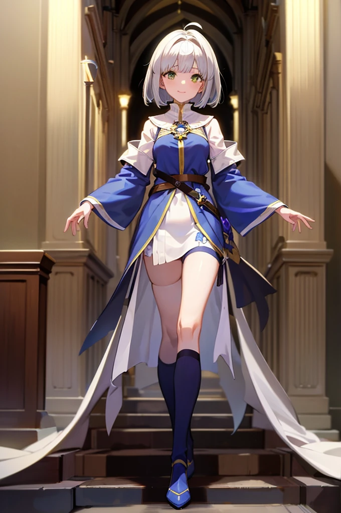 Perfect human body modeling, 1girl, beautiful girl, cute girl and idol face, young face, smile, short and bob cut hair, silver hair, ahoge, white shiny skin, beautiful green eyes, medium breasts, Western-style fantasy, RPG, church, Fantasy Monks, Blue priest's uniform, white priest's garb,