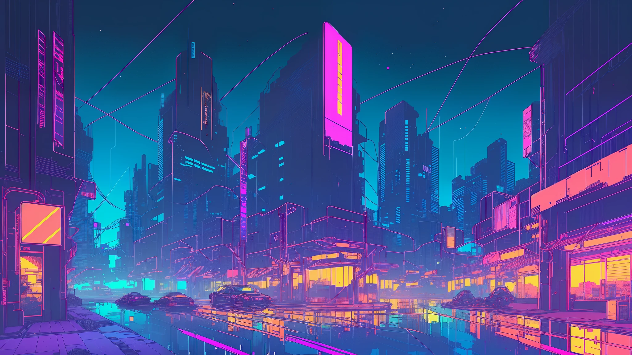 (nvinkpunk:1.2) ,Streetscape、Light Wave, night、Neon Light, Complex, Very detailed