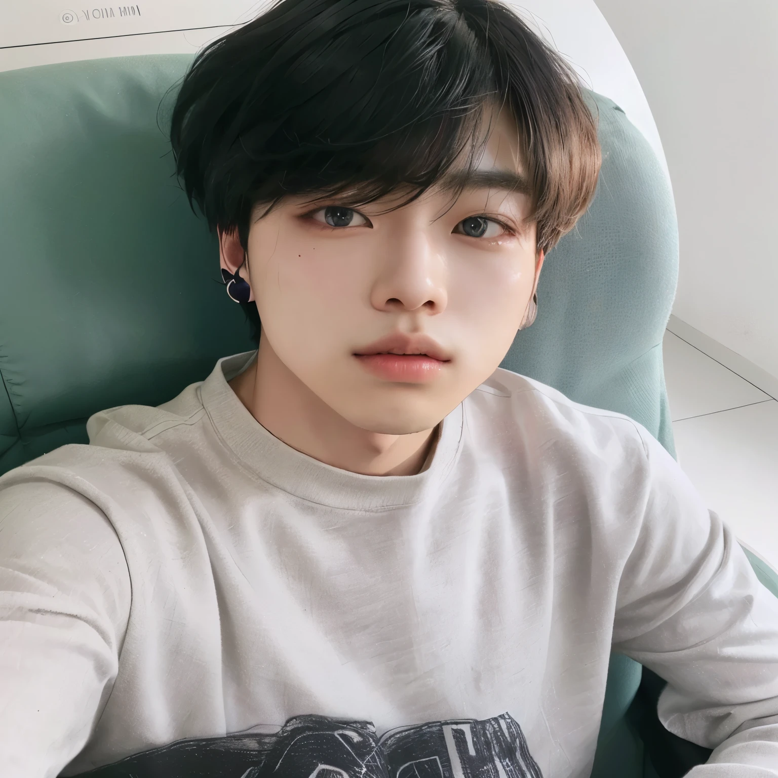 chiseled asian boy with gray shirt and black hair sitting on a chair, park Jimin, Jimin\the full lips, accurate Jimin face, Jimin\the right eyelid is swollen, Jimin, Jimin\the Greek nose, jung jaehyun, Kim Doyoung, hyung tae, Tae June Kim, with short hair, Ulzzang spacious, Hong Jun Hyung