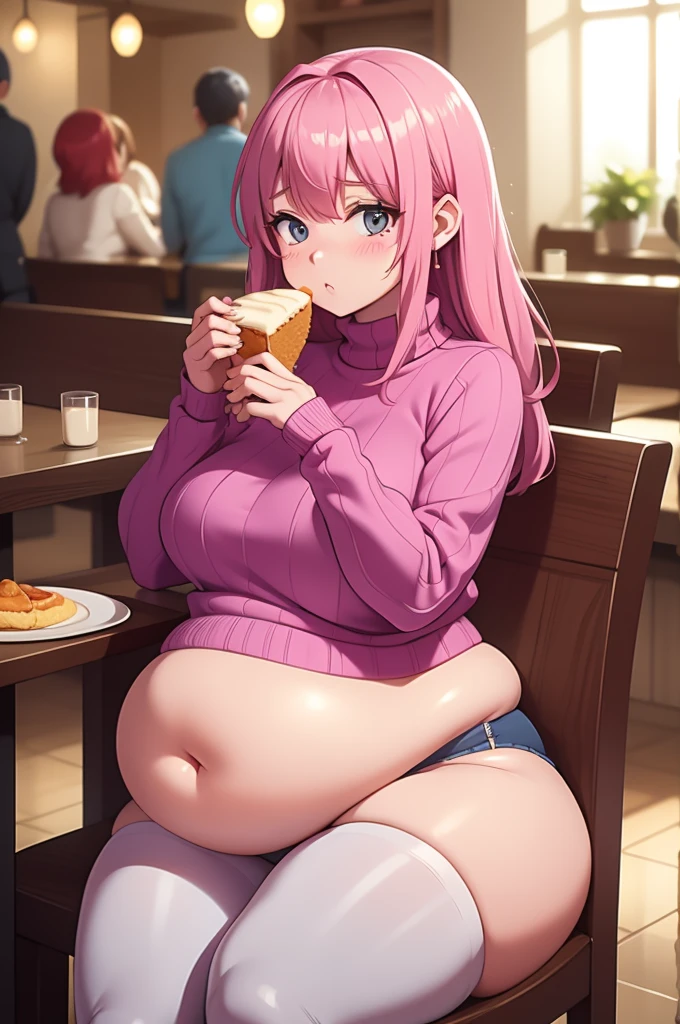 cute soft anime woman, shy, sweet fluffy girlfriend, mature, big breasts, wearing a sweater, fat, wide hips, soft, fat, chubby, pink hair, tall, shy. pink sweater. obese, sitting in a restaurant, eating a large cake, belly stuffing, full, gluttony, eating, thick thighs, wide hips. curvy. plump.