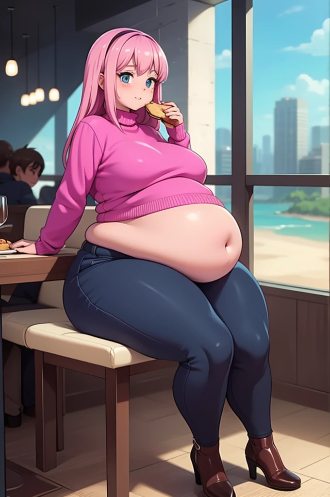 cute soft anime woman, shy, sweet fluffy girlfriend, mature, big breasts, wearing a sweater, fat, wide hips, soft, fat, chubby, pink hair, tall, shy. pink sweater. obese, sitting in a restaurant, eating a large cake, belly stuffing, full, gluttony, eating, thick thighs, wide hips. curvy. plump.