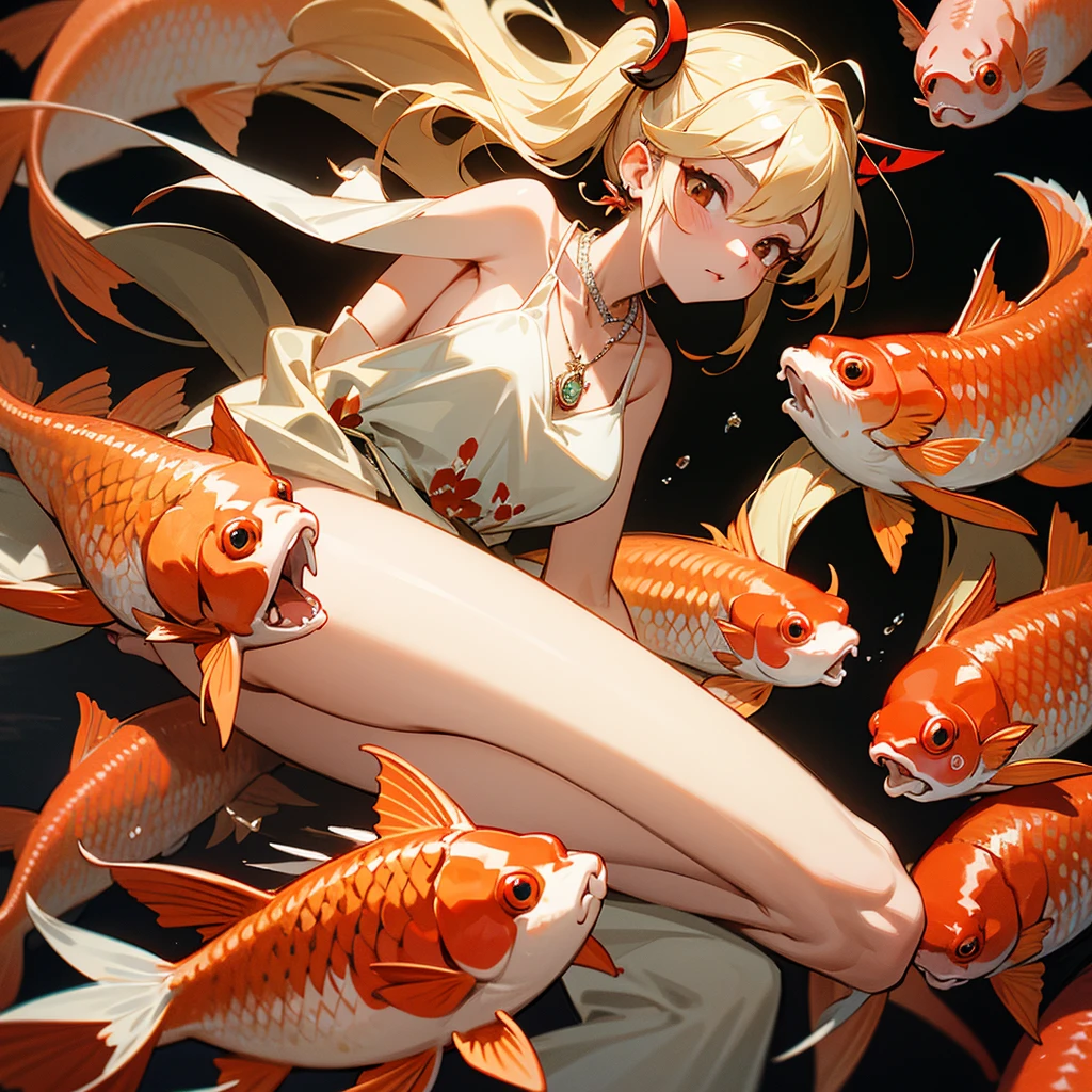 Ava has a strawberry-blonde wolfcut.
Ava has brown eyes, white horns on her head and a white demon tail. Ava loves koi carp, and she wears a necklace with a koi carp as pendant. Ava has diamonds on the first and second lobes of each ear.
