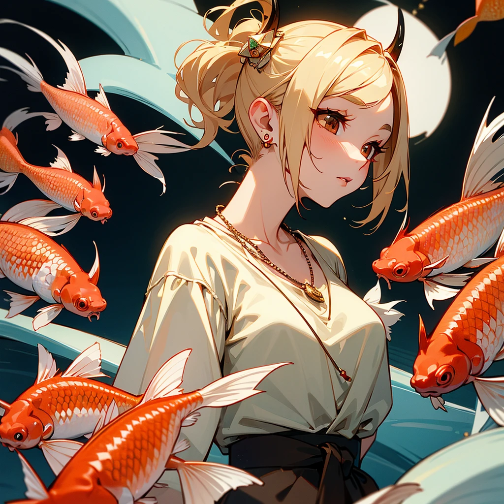 Ava has a strawberry-blonde wolfcut.
Ava has brown eyes, white horns on her head and a white demon tail. Ava loves koi carp, and she wears a necklace with a koi carp as pendant. Ava has diamonds on the first and second lobes of each ear.