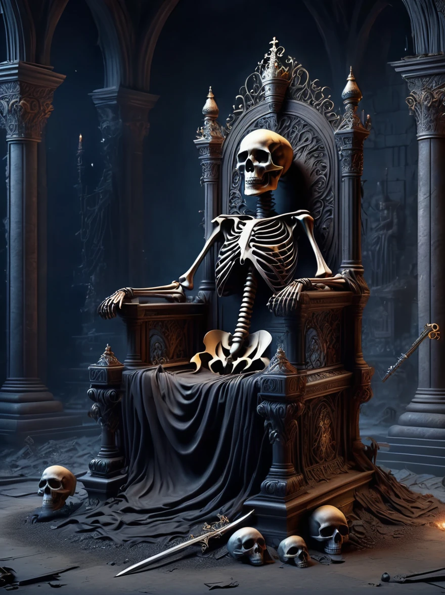 a decayed skeleton sitting on a throne,throne room,ornate throne,crumbling,ancient,a broken iron sword stuck in the ground,detailed skeleton,wearing a crown,bones,grim,dark fantasy,(best quality,4k,8k,highres,masterpiece:1.2),ultra-detailed,(realistic,photorealistic,photo-realistic:1.37),HDR,gloomy lighting,volumetric lighting