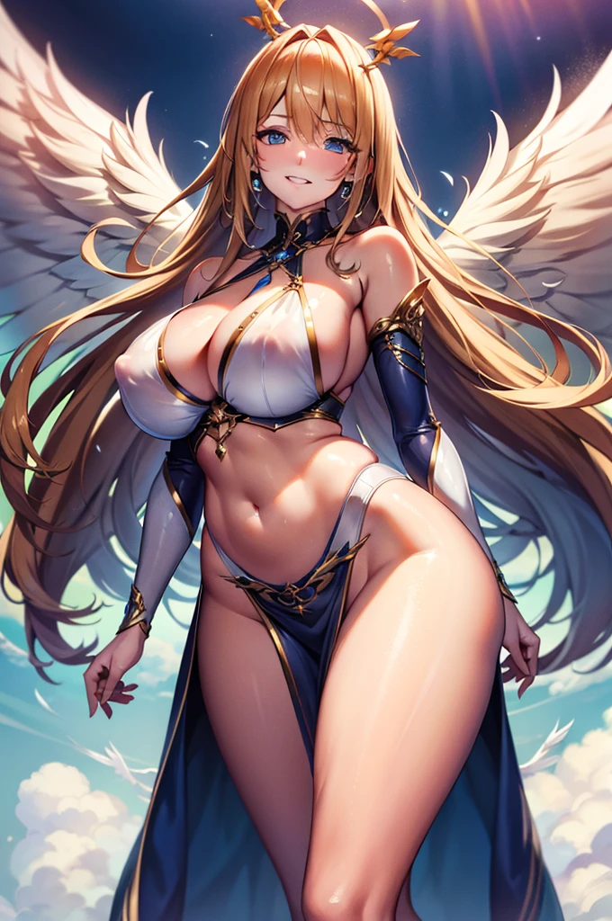 最high quality, high quality, 8K、High resolution,Highest quality、solo、胸に翼のある白いビキニ姿のtallのadult female angel、Very beautiful proportions、belly button、Thighs、tall、Adult woman in a white bikini, super Wild Angel, A happy open-mouthed smile、Thighs、Naturally Shaped Fingers、Long neck、from the front、Looking at this、belly button、Blonde hair and blue eyes、Majestic Angel, Anime Goddess, Wild Angel, thick, Beautiful and attractive anime woman, Huge and stunning goddess shots, Angel Adult Woman, adult female angel, She has angel wings on her back,Highly detailed goddess shot