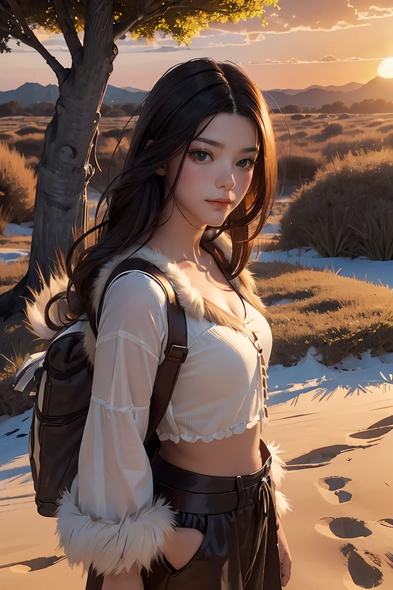 ((masterpiece, best quality, extremely detailed), volumetric lighting, ambient occlusion, colorful, glowing), 1 girl, solo, young girl, (dark hair), long hair, caveman style, cavewoman costume, animal fur, outdoors, sunset, sky, clouds, tree.