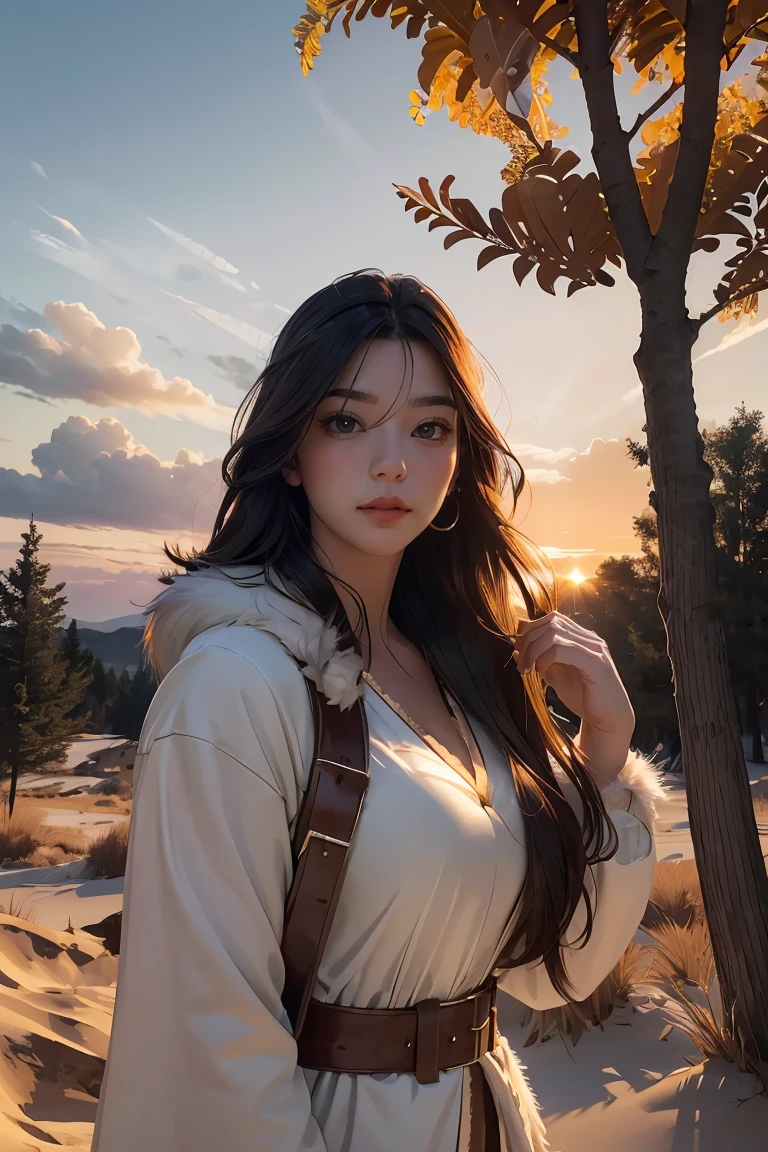 ((masterpiece, best quality, extremely detailed), volumetric lighting, ambient occlusion, colorful, glowing), 1 girl, solo, young girl, (dark hair), long hair, caveman style, cavewoman costume, animal fur, outdoors, sunset, sky, clouds, tree.