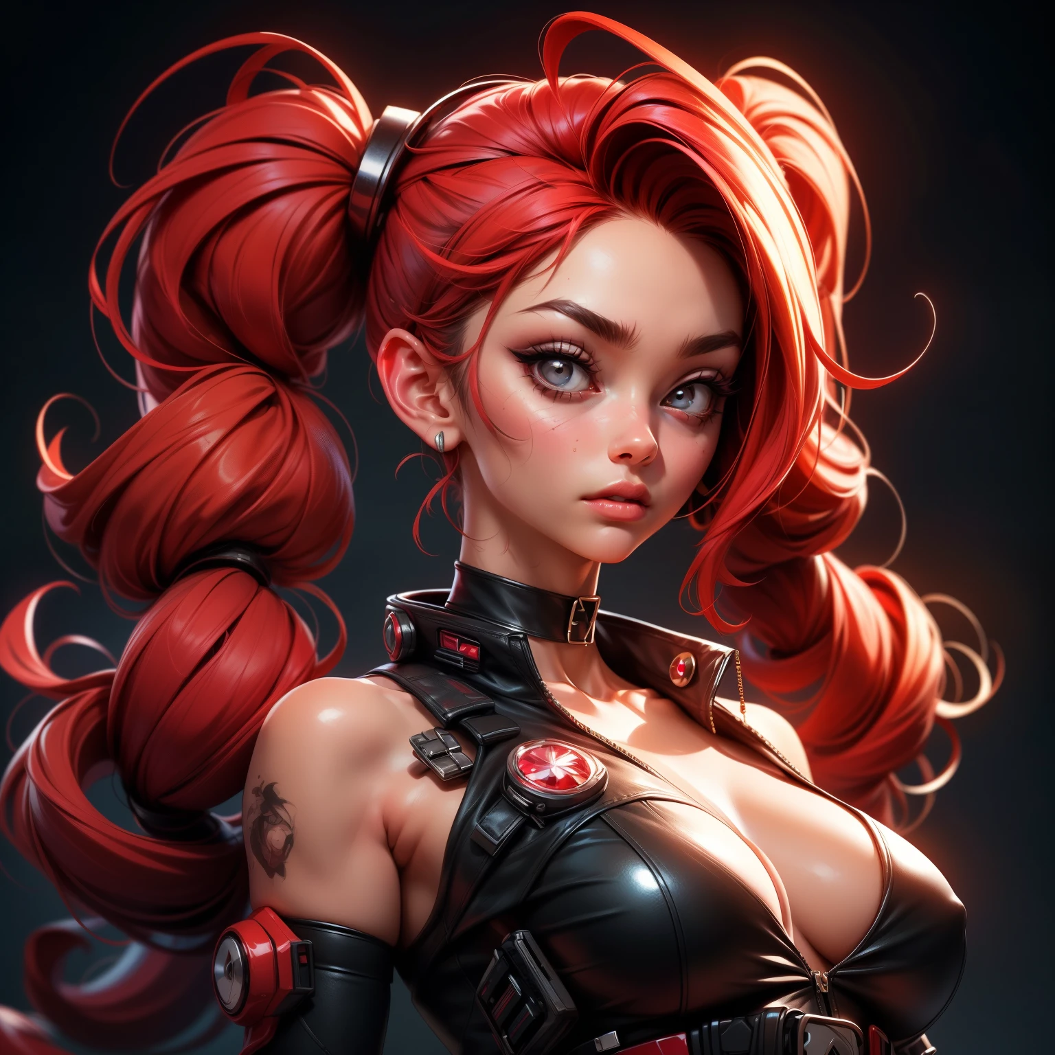 score_9, score_8_up, score_7_up, kyuyongeom, metal horns, 1girl, solo, portrait, cyberpunk cyborg, hair covering one eye, twintails chin-length hair, scarlet red hair,welding seams, black choker with [red ruby gem : soviet red star:0.3],, ,trending on dribbble, ad, aesthetics, aesthetic, pv,