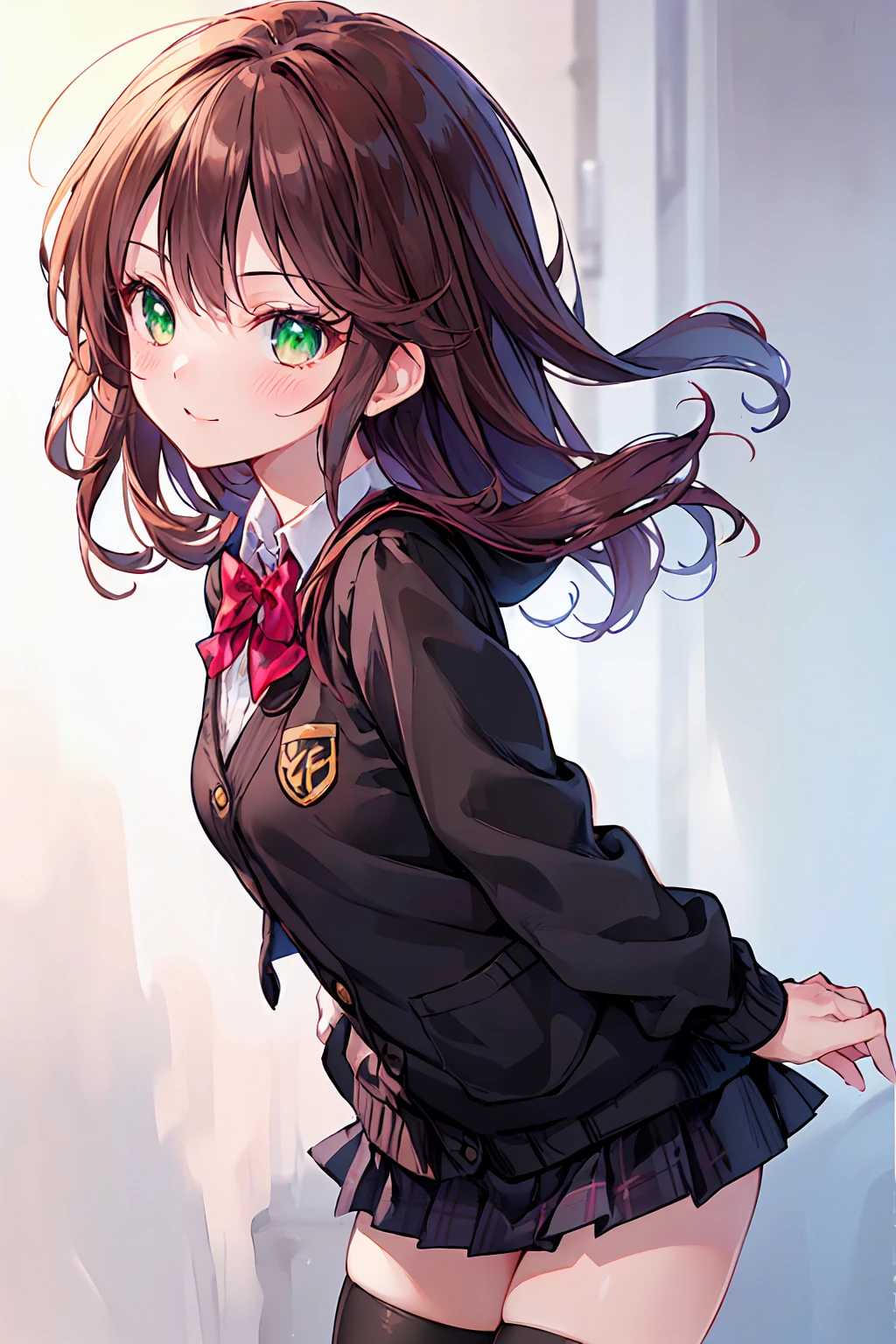 ((Tabletop, Highest quality, High resolution, Hmph, Pixel perfect, Written boundary depth, 4K))), 1 Girl, single, alone, Beautiful Anime Girls, Beautiful art style, Anime characters, ((Long Hair, bangs, Dark brown hair, Curly Hair:0.8)), ((Green Eyes:1.4, Beautiful Eyes, Beautiful Eyes, Perfect Eyes,Curled eyelashes, Realistic eyes)), ((Detailed face, blush:1.2)), ((Smooth texture:0.75, Realistic texture:0.5, Anime CG Style)), Small breasts, Dynamic Angle, Perfect body, Dynamic pose, ((Red bow tie, , Black jacket, Open jacket, Brown cardigan, White shirt, Black Skirt, Checked skirt)), smile, Open your mouth, Put your arms behind your back, Leaning forward, Amalment Park, ((close, throw, cute, Shoot in the face))
