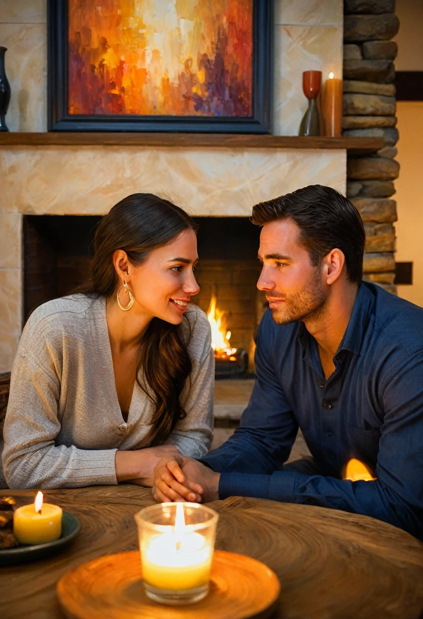 An intimate oil painting capturing a couple engaged in deep conversation by a cozy fireplace, expressions of empathy and understanding evident on their faces, rich color tones to convey warmth and trust, Artwork, oil painting on canvas, sincere facial expressions, ambient candlelight creating a cozy atmosphere --v 5 --stylize 1000 --ar 16:9