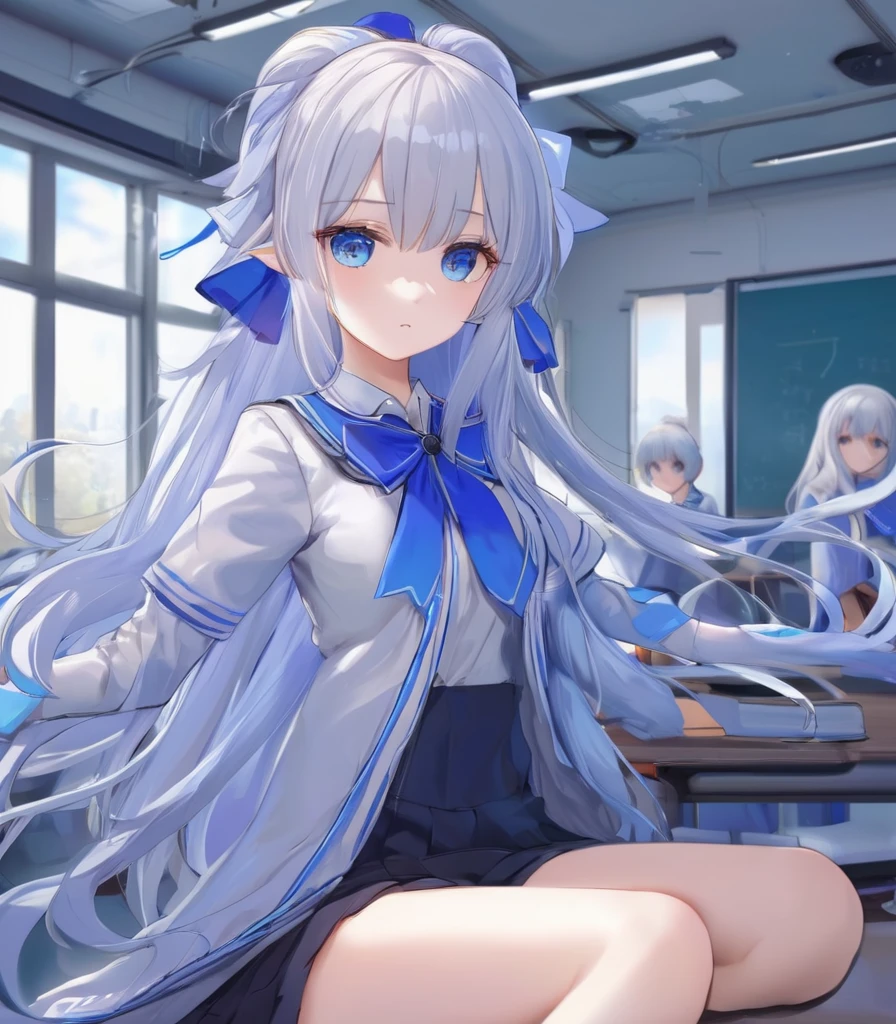 1 girl, masterpiece, best quality, Amazing, beautiful detailed eyes, finely detailed, depth of field, extremely detailed CG unity 8k wallpaper, full body, long hair, white hair, blue and white , white hair, sapphire eyes, damaged classroom, wind, looking at viewer, cute face, blush, Bangs,