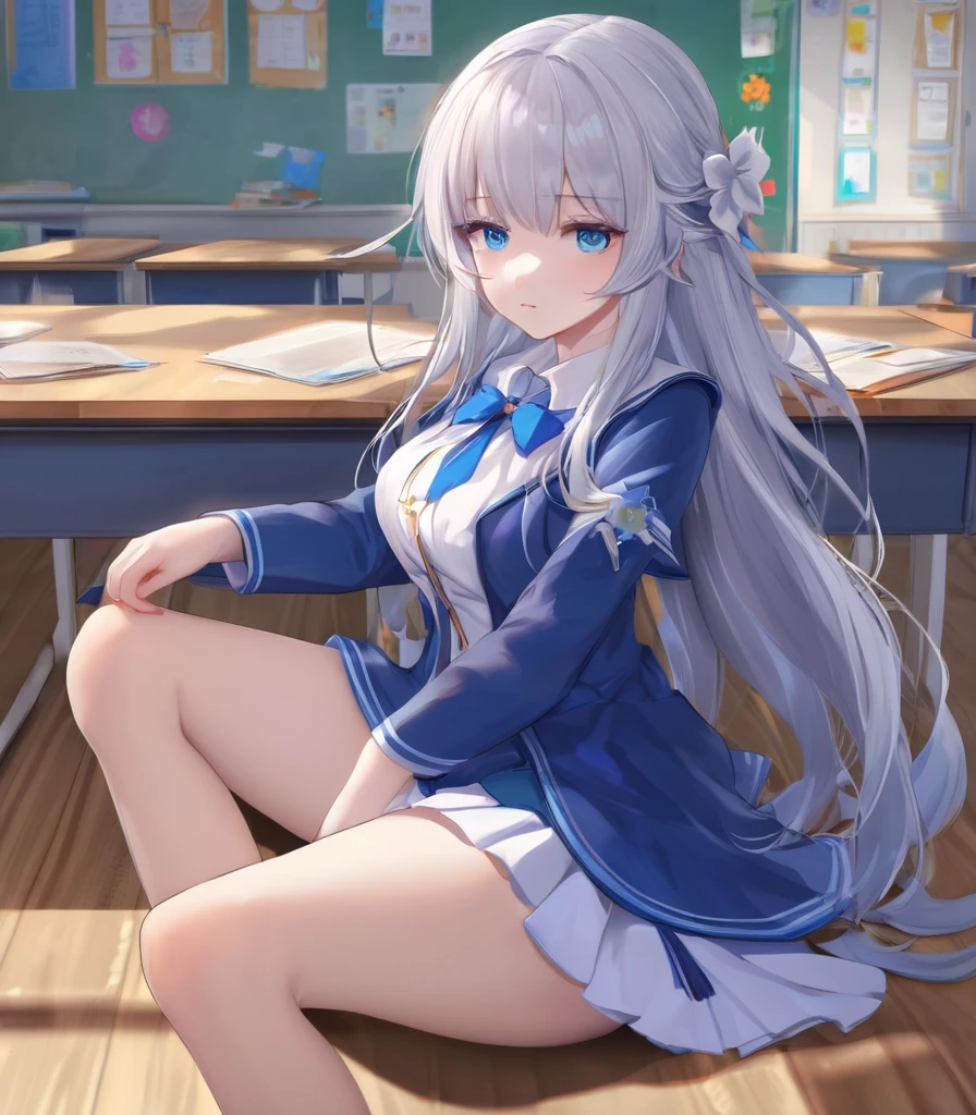 1 girl, masterpiece, best quality, Amazing, beautiful detailed eyes, finely detailed, depth of field, extremely detailed CG unity 8k wallpaper, full body, long hair, white hair, blue and white , white hair, sapphire eyes, damaged classroom, wind, looking at viewer, cute face, blush, Bangs,