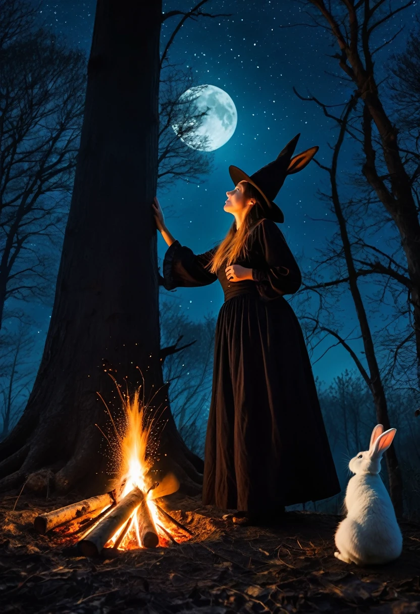 Highest quality　Night Forest　The witch looking up at the big tree　Bonfire　Break Two Rabbits