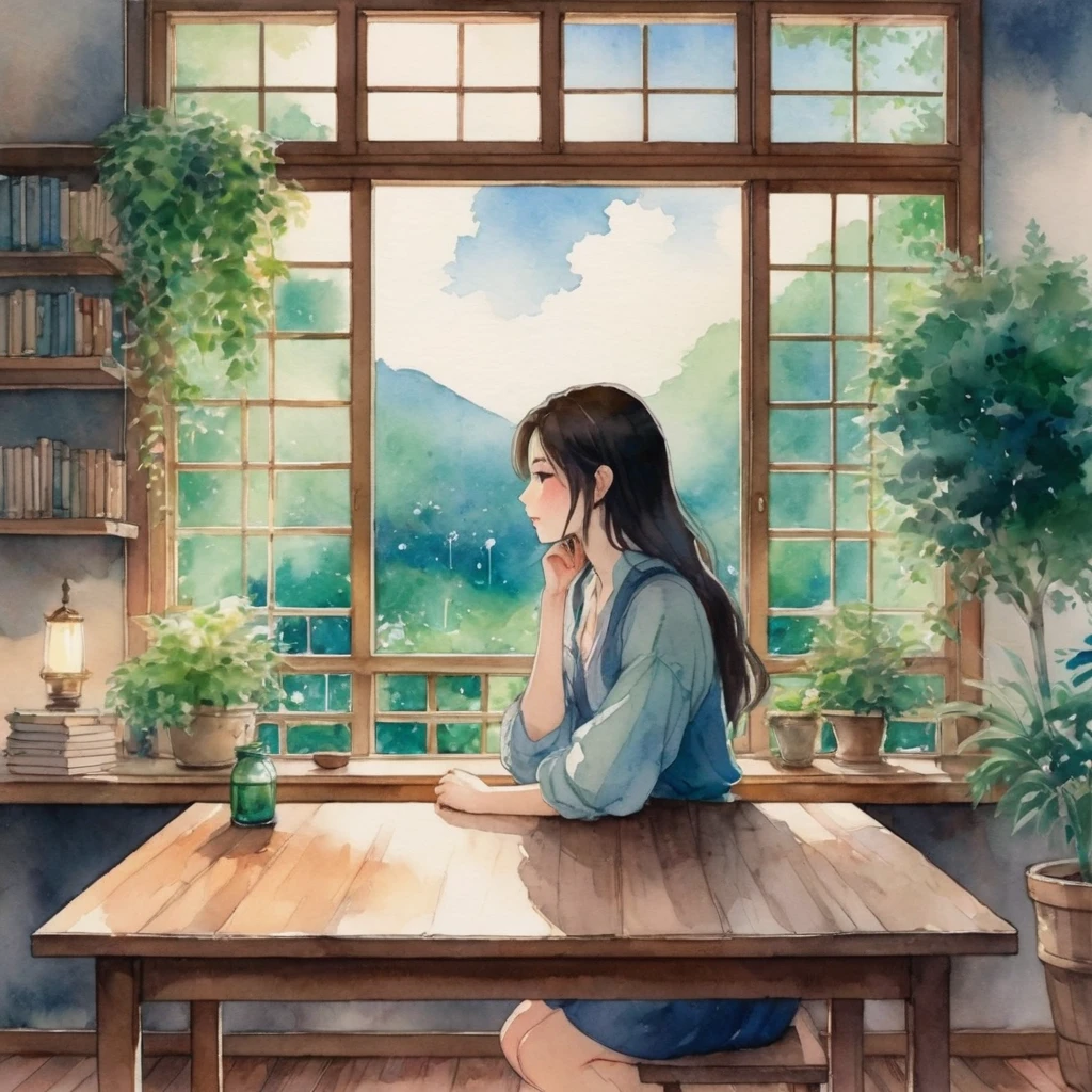 anime, watercolor style ,In the serene environment of a room, a young girl with long, dark hair is immersed in a world of her own. She is sitting at a wooden table, hands resting gently on her face, lost in thought. The room is adorned with a window that offers a view of lush greenery, adding to the tranquility of the environment.