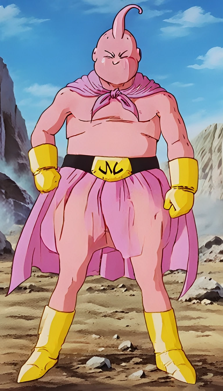 solo, majin buu,short, (nude:3),(angry:2),fighting_stance,in wasteland,destroyed rock,(soft shading), 4k, hi res, ((detailed face, (detailed eyes:1.0), detailed)), (full body), looking at viewer, 1boy, upper body, male focus,nude,(bare_legs:1.5),(topless:1.5),( shirtless:2.5),torn clothes,bare pectorals, fighting stance,