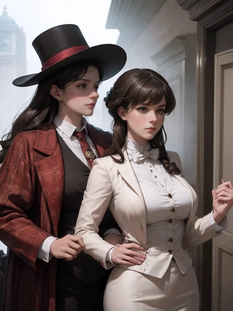 Sherlock Holmes lady & Watson lady: Two ladies dive into the world of deduction and adventure, infiltrating the hideout of villains. Baker Street, London,Sherlock lady with huge breasts, dressed in a brown color check patern frock coat and check patern hat, stands side by side with Watson lady with huge huge huge breasts, wearing a white formal suit. Gentle elegance and wild smile amidst wind-blown mist, as they ponder mystery's secrets,real background of Victorian-era London,masterpiece.