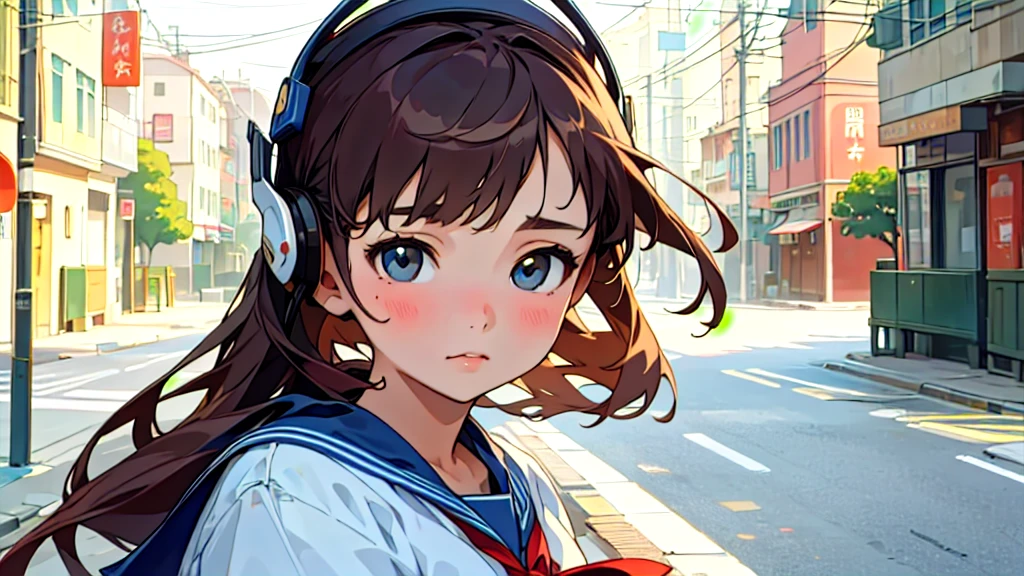 (Highest quality, masterpiece, Ultra-realistic), Beautiful and delicate１５Year-old girl portrait, With a calm and gentle expression, The background is a quiet street in the evening.。While listening to music with headphones、Looking at me。Sailor suit