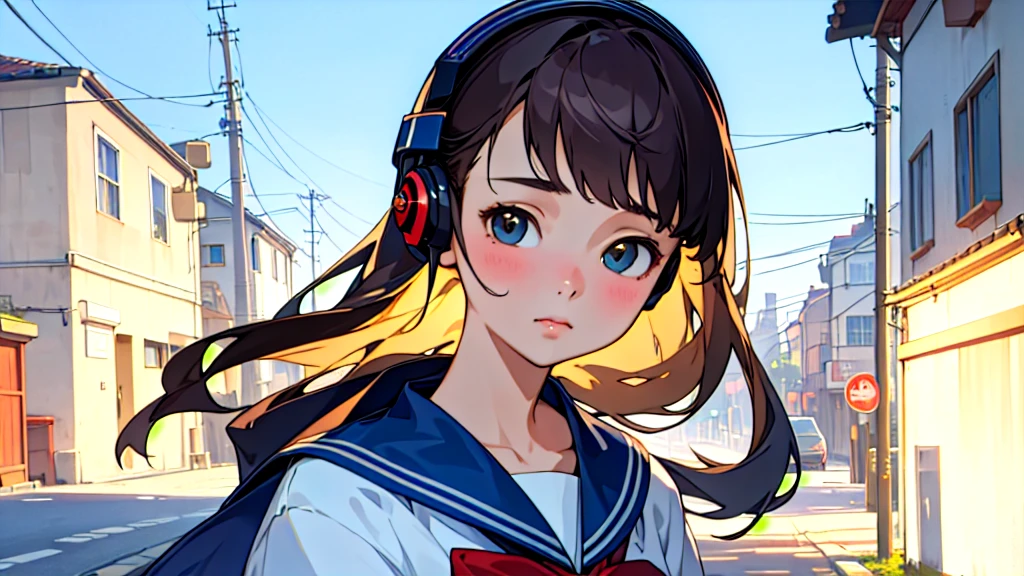 (Highest quality, masterpiece, Ultra-realistic), Beautiful and delicate１５Year-old girl portrait, With a calm and gentle expression, The background is a quiet street in the evening.。While listening to music with headphones、Looking at me。Sailor suit