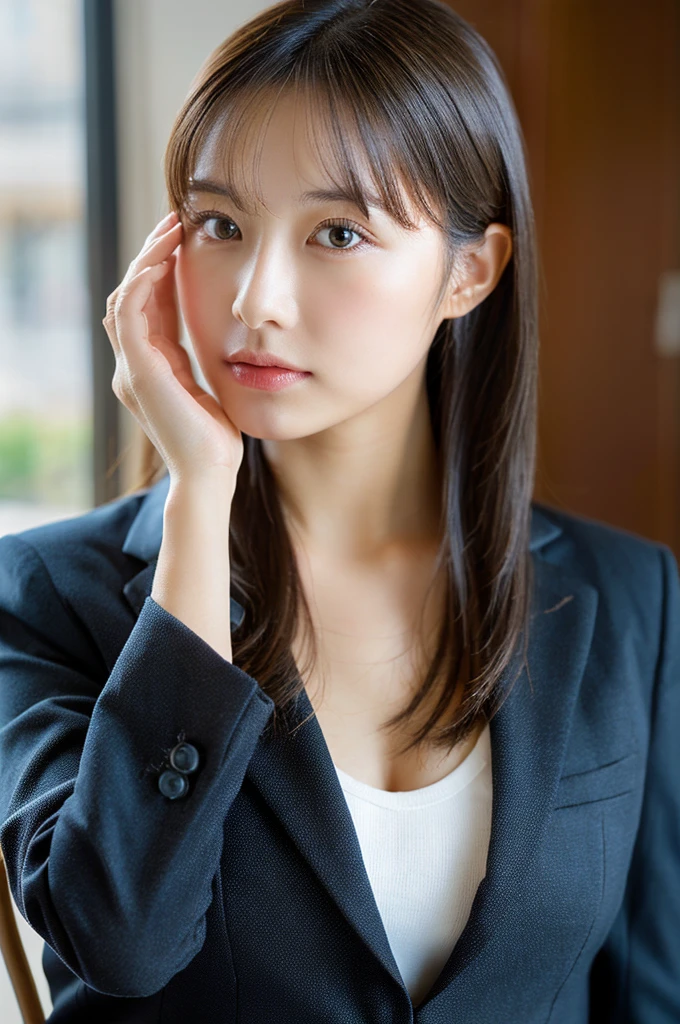 (RAW Photos, Highest quality), (Realistic, Photorealistic:1.3), Tabletop, Very delicate and beautiful, Soft Light, (Black Hair,Long Hair, Layered Cut), Beautiful detailed girl, (Accurate Fingers, Eye and facial details, Beautifully detailed nose, Beautiful attention to detail, 1 Girl, Japanese, Pure beauty, cute, young, Wearing a suit，Sit on a chair (Half Body:1.3), (Medium chest), Realistic face, Realistic body, （office）