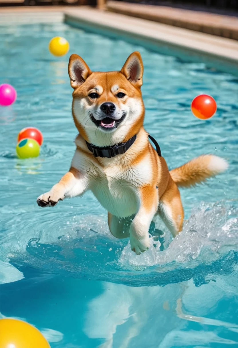 a very cute shiba inu dog swimming pool party, adorable shiba inu dogs swimming in a pool, shiba inu dogs having fun in the water, shiba inu dogs wearing swimming trunks, shiba inu dogs splashing water, shiba inu dogs playing with beach balls, shiba inu dogs jumping into the pool, vibrant colors, dynamic composition, highly detailed, 4k, photorealistic, masterpiece