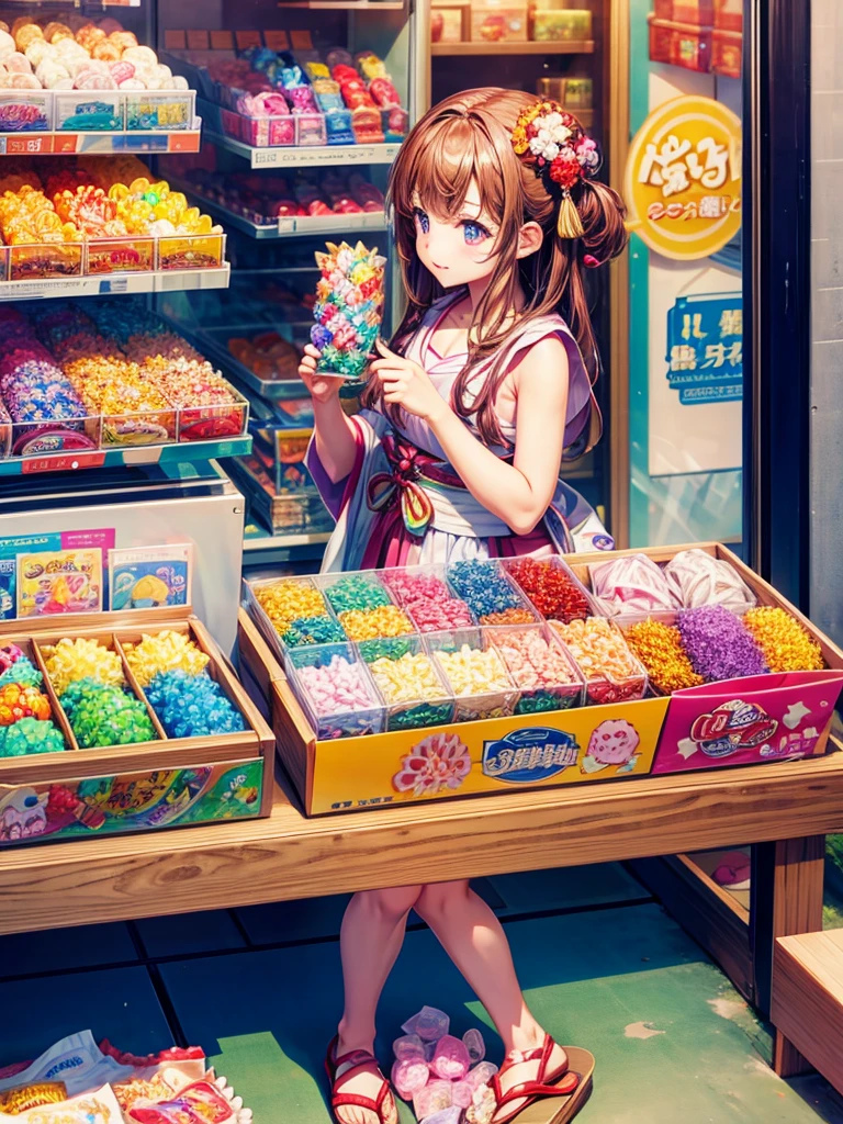 Highest quality,Highest Resolution,Children buying gachapon at a Japanese candy store during summer vacation,