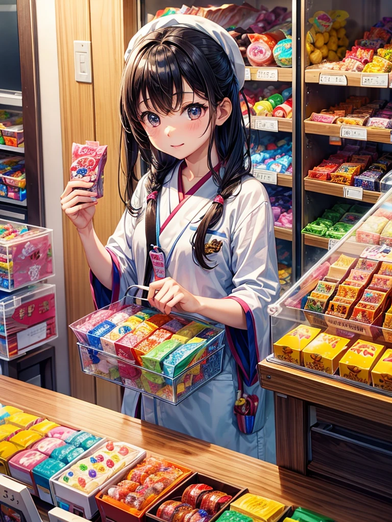 Highest quality,Highest Resolution,Children buying gachapon at a Japanese candy store during summer vacation,
