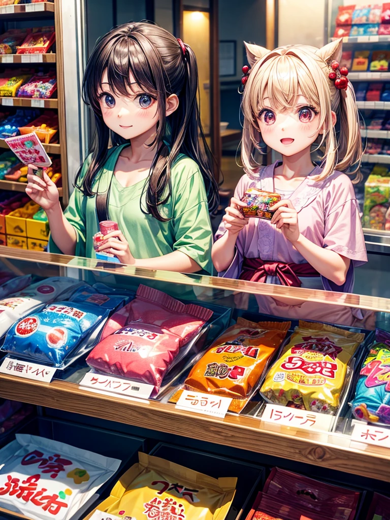 Highest quality,Highest Resolution,Children buying gachapon at a Japanese candy store during summer vacation,