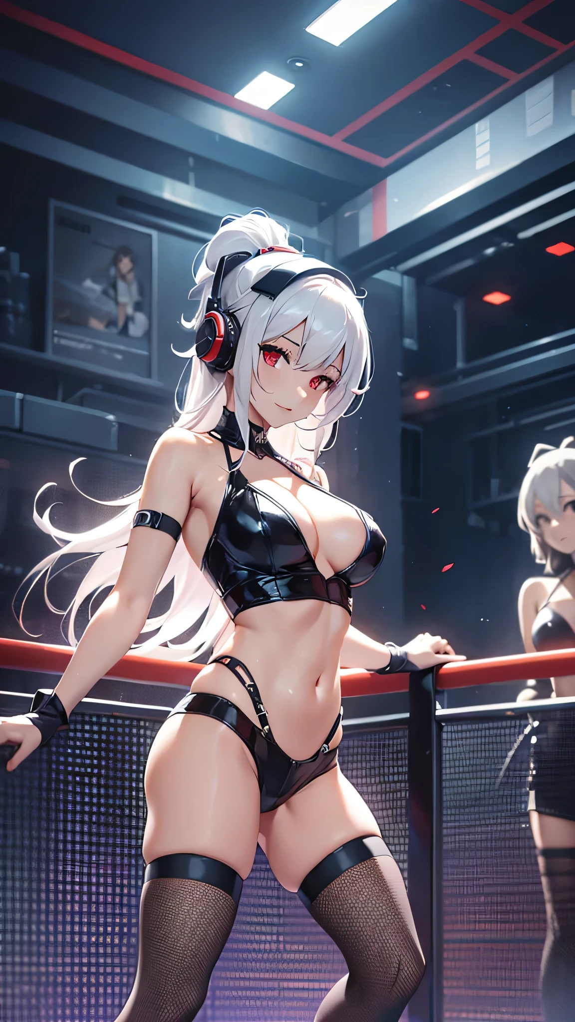 Highest quality、Highest quality、Masterpiece、girl((20-year-old、as soon as、Highest Bust、Medium Bust、Wide open chest、Red glowing eyes、Light Silver Hair、Shortcuts、Loincloth、thin、The best valley、Open chest、Full body view、Tank top、White see-through、Red trousers、Smile、Leaning forward greatly,Perforated gloves、A tense face、Red headphones、Sexy pose))、high quality、Beautiful Art、background((Live Performance Venues、Party、Dance Club))、flight、Flying Debris、Depth of text、movie、Visual Arts、Perfect Art、8K、Genuine、