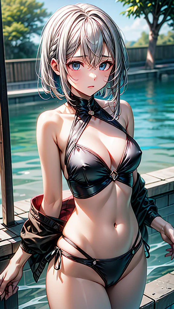 Swim 1, Prototype of Destiny, wapokichi, Bare shoulders, blue null, Blurred, Blurred background, Cleavage, Day, Depth of written boundary, Grey Hair, Hair between the eyes, Hair Intake, Raise your hand, Medium chest, belly button, Outdoor, null