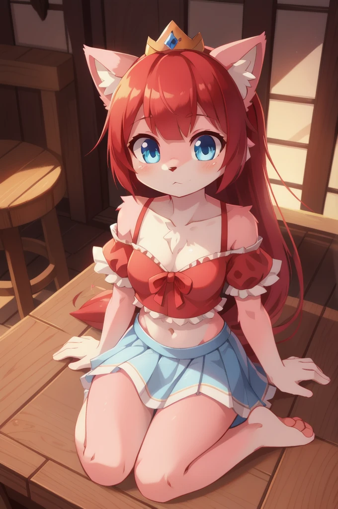 furry girl, cat, red hair, Knight bangs hairstyle, long ponytail, anime style, medium breasts, blue eyes, ((red frilly shirt, two shoulders, midriff, white skirt, princess crown)), high quality, detailed body, detailed eyes, detailed face, masterpiece, glistening body, detailed body fur, best quality, two tone body, pink fur, clear pink fur, perfect lighting, perfect shadows, perfect eyes, perfect hair, perfect face, gorgeous body, skinny, solo, :3, sitting, tavern, skinny, looking at viewer, full body, feets with three toes, 3 toes, score_9,score_8_up,score_7_up, source_cartoon, source_furry, glowing blue eyes, from above, motion blur, Birds Eye view,