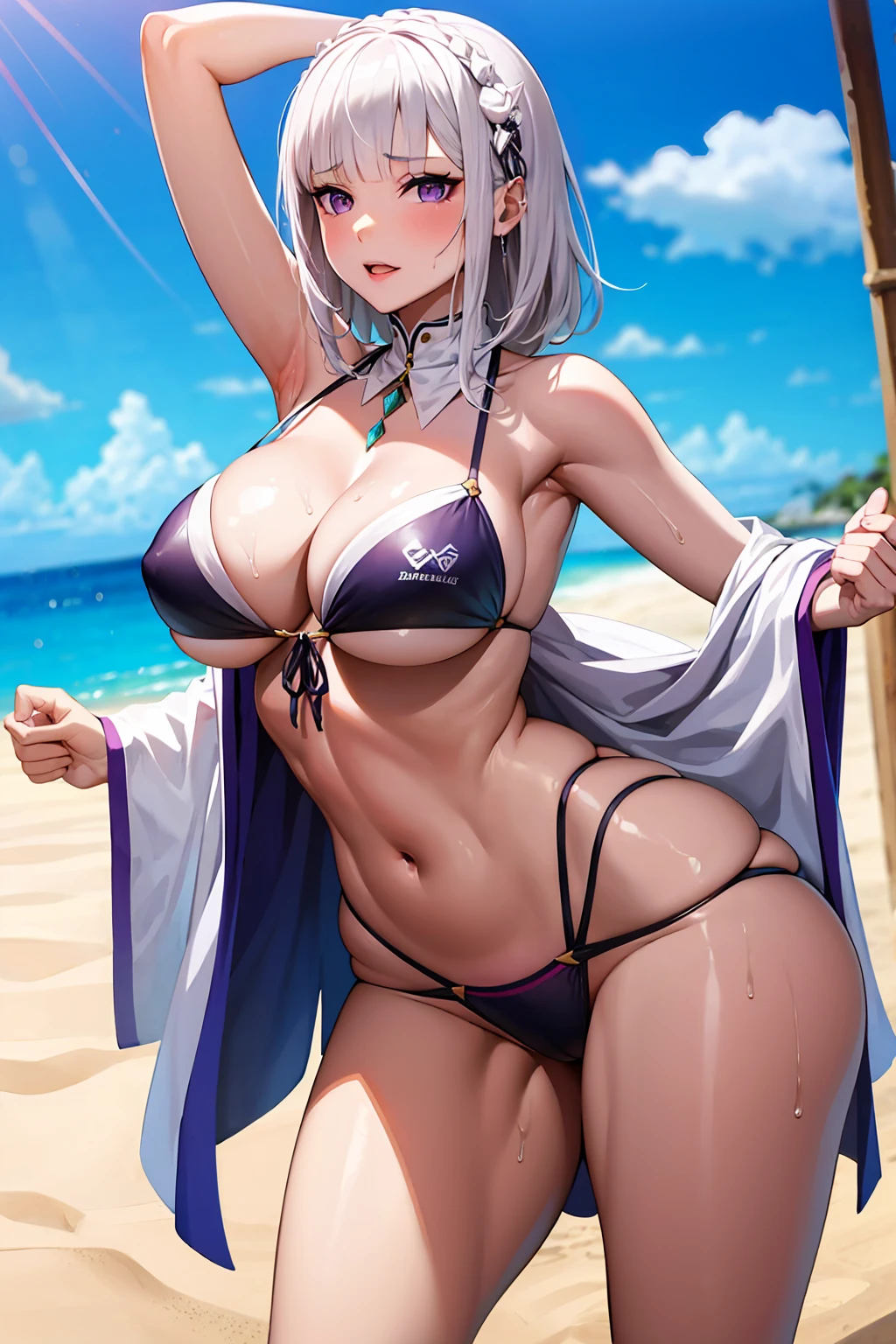 Emilia, white hair, posing, sexy, beach, big breasts, thick thighs, hot, thin bikini, wet, curvy,