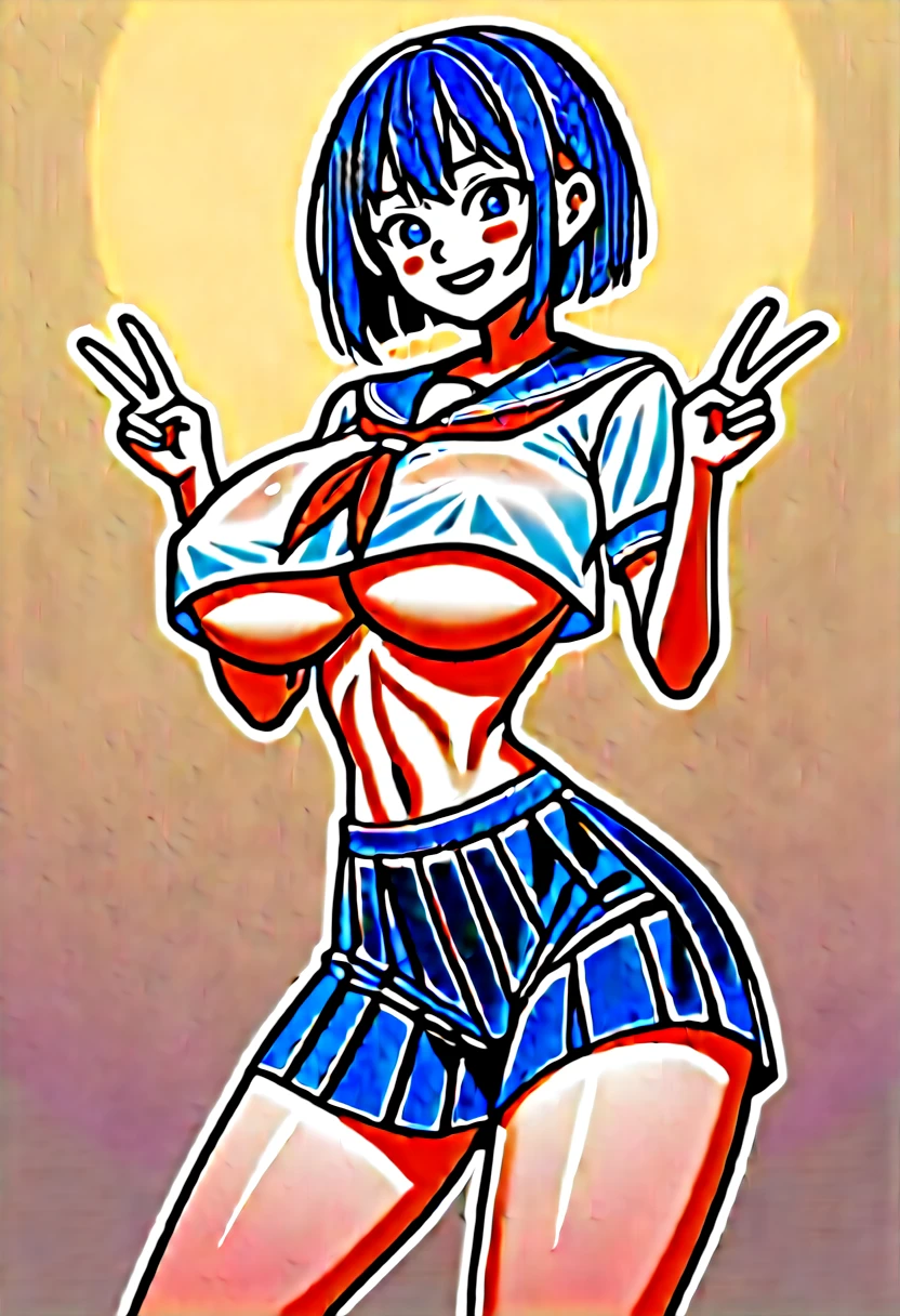 (masterpiece, best quality:1.5), front shot, 1girl, kawaii, (super big breasts, micro waist, very long legs:1.4), Black hair, short bob hair, short height, scrawny and thin body, Light Skin, cute big eyes, cute beautiful thin face, forced smile, serafuku, pigeon-toed, wet and sweaty, visible ribs, V sign, Trembling