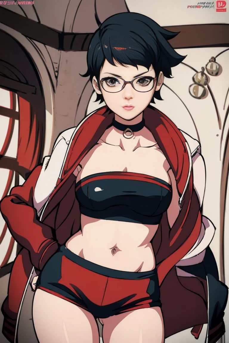 anime girl in a short dress and glasses with a red cape, persona 5 art style wlop, style artgerm, extremely detailed artgerm, ! dream artgerm, ig model | artgerm, female protagonist 👀 :8, realistic anime 3 d style, artgerm portrait, anime styled 3d, realistic anime artstyle ((( same  pose showing belly)))