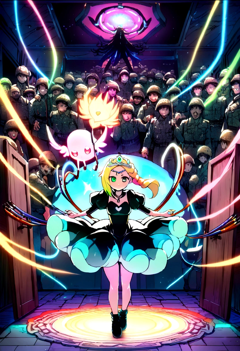 (masterpiece:0.7), Best Quality, figure, 1 Black Magician Girl, Short skirt, shirt, footwear, broken heart necklace, outside, black hole in the background, performer, null間, At the bed, Best Quality, High resolution, Very detailed, Detailed Background, Perfect lighting, (colorful, Bright colors:1.4), Blonde, Cotton candy cloud, null, smile, Dynamic pose, Beautiful pose, (only), (Floating Color Ink:1.15), (Muchos toques colorfuls:1.0), (Floating Pink Blade:1.25), (Vortex Magic:1.1), (relaxed, cake:1.2), (Multicolor:1.0), (A delicate and beautiful shine:1.0), (Slime Body:1.2), (Dark look:1.0), (Open your mouth:1.0), (Shadow), (Blonde:1.4), (By width:1.0), (From the back:1.3), (Devil's Halo:1.3), (lower one's head:1.0), (Dynamic pose:1.1), (Asymmetrical Hair:1.2), (ブルーカラーのshirt:0.7), (army), (puffy dress), :1.4), Diagonal stripe, Blonde, (Floating Cable:1.0), (winter:1.4), (internal, Inside the room:1.1), (((tiara, The witch has))), (Standing on one leg:1.1), (Glowing Skin:1.1), (Upper Body:1.25), latex clothing, Body of the Goddess, Half naked