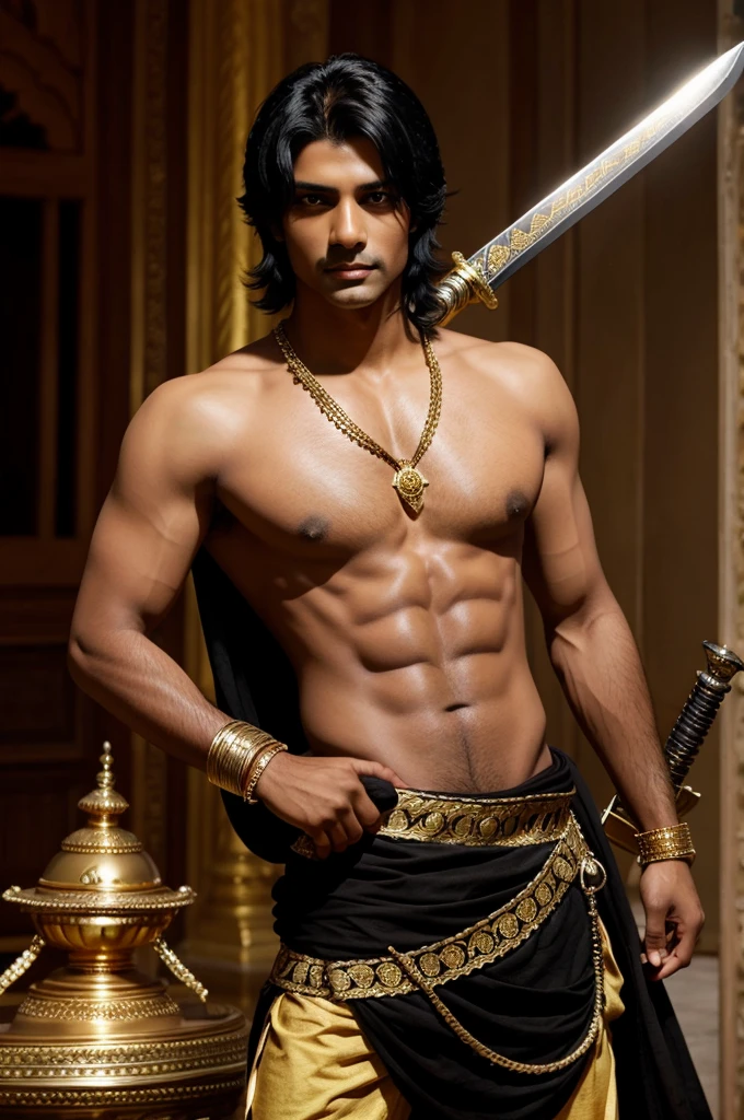 A indian prince with handsome face ,black hair , gold jwellery , innocent , 16 year, with sword on lower back